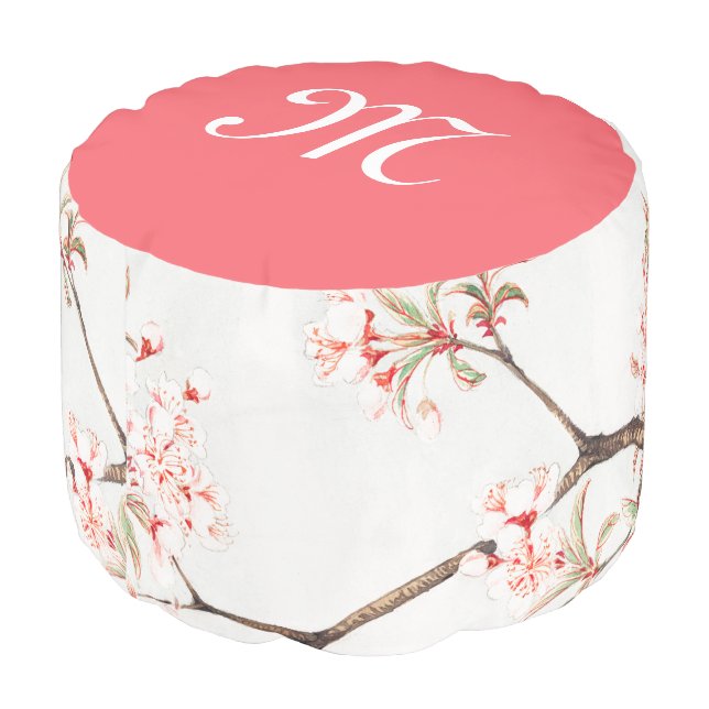 JAPANESE FLORAL PRINT CUSTOM INITIAL ROUND POUF (Angled Back)