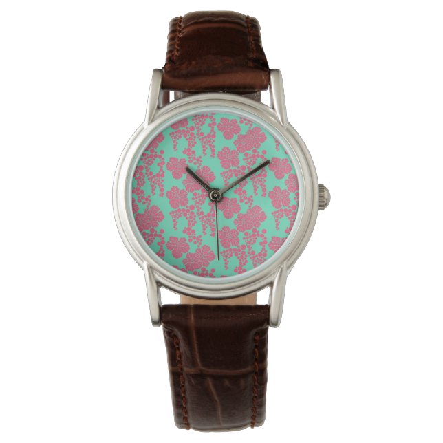 Japanese Floral Print - Pink & Teal Watch (Front)