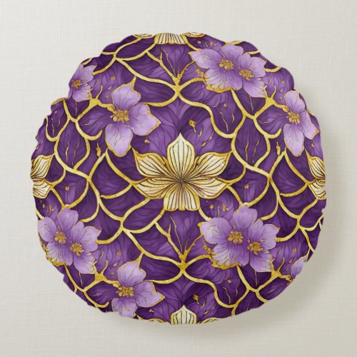 Japanese Floral Purple Gold Round Pillow