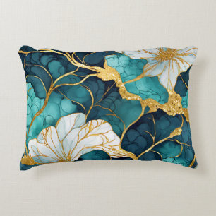Japanese Floral Teal Gold Accent Pillow