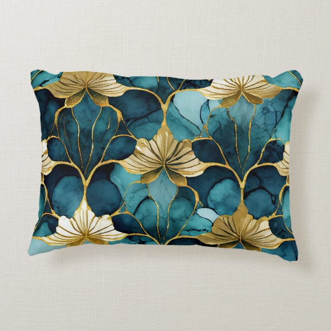 Japanese Floral Teal Gold  Accent Pillow (Back)