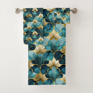 Japanese Floral Teal Gold  Bath Towel Set
