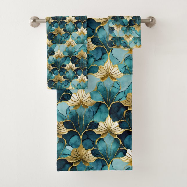 Japanese Floral Teal Gold  Bath Towel Set (Insitu)