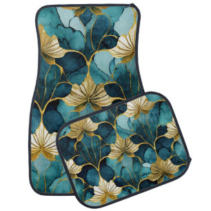 Japanese Floral Teal Gold Car Floor Mat