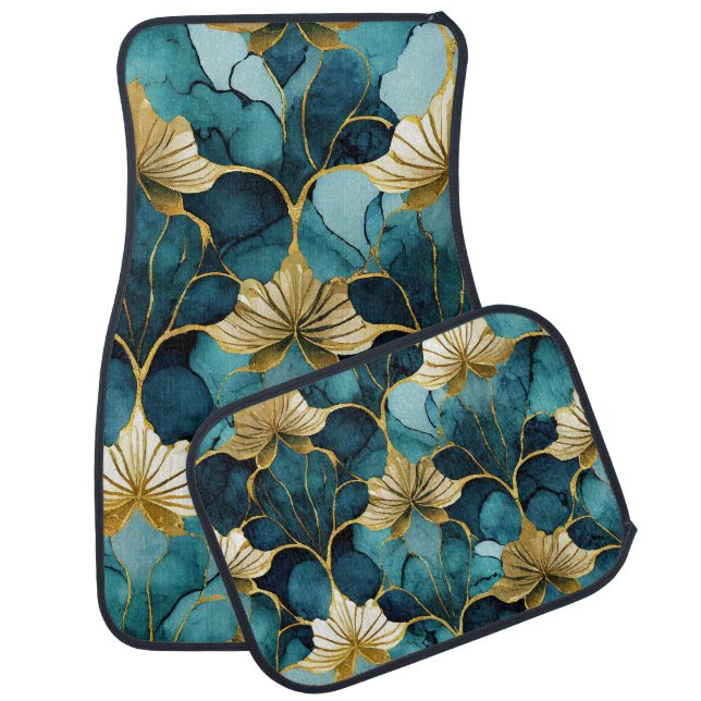 Japanese Floral Teal Gold  Car Floor Mat (Set)