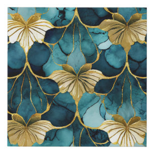 Japanese Floral Teal Gold Faux Canvas Print