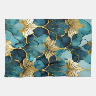 Japanese Floral Teal Gold Kitchen Towel