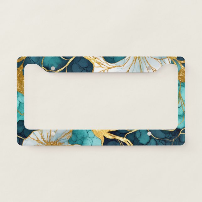 Japanese Floral Teal Gold License Plate Frame (Front)