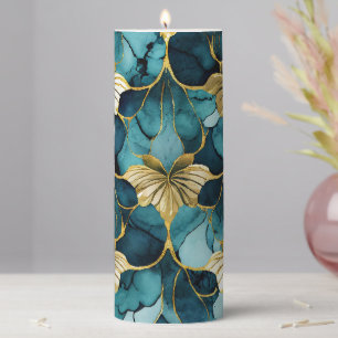 Japanese Floral Teal Gold Pillar Candle