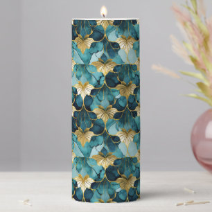 Japanese Floral Teal Gold  Pillar Candle