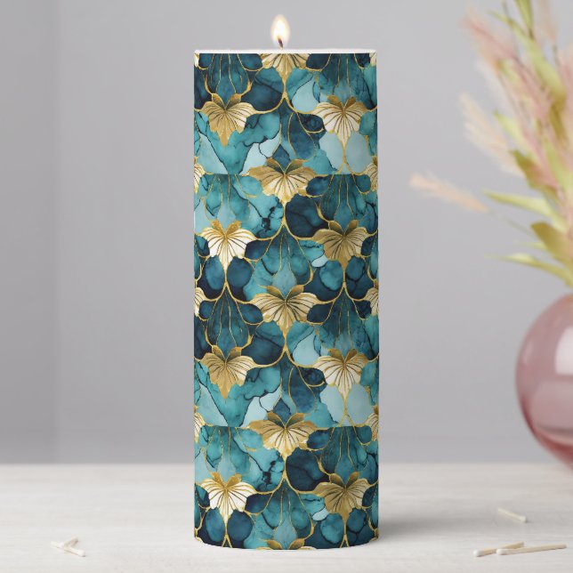 Japanese Floral Teal Gold  Pillar Candle (In Situ)