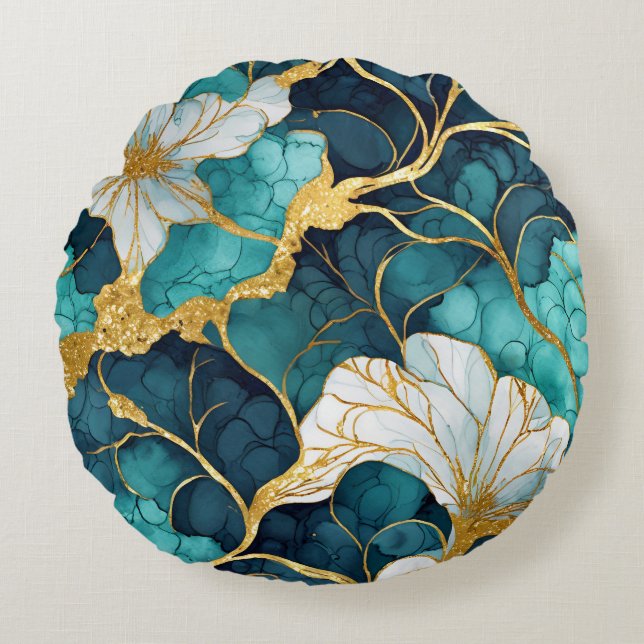 Japanese Floral Teal Gold Round Pillow (Front)
