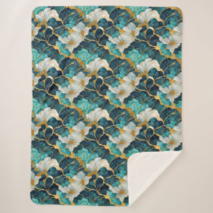Japanese Floral Teal Gold Sherpa Blanket