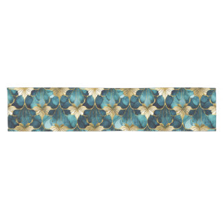 Japanese Floral Teal Gold Short Table Runner
