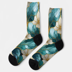 Japanese Floral Teal Gold Socks