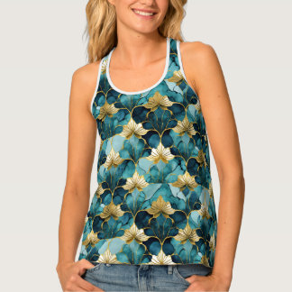 Japanese Floral Teal Gold Tank Top