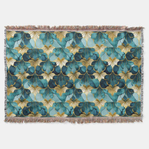 Japanese Floral Teal Gold  Throw Blanket