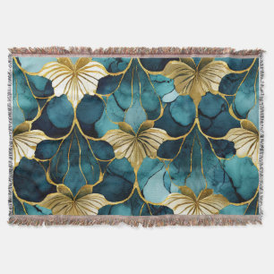 Japanese Floral Teal Gold Throw Blanket