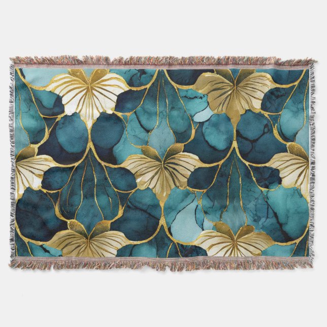 Japanese Floral Teal Gold  Throw Blanket (Front)