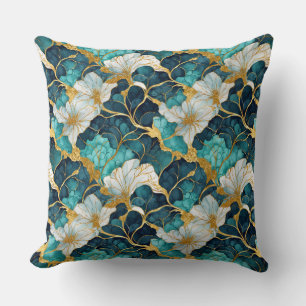 Japanese Floral Teal Gold Throw Pillow