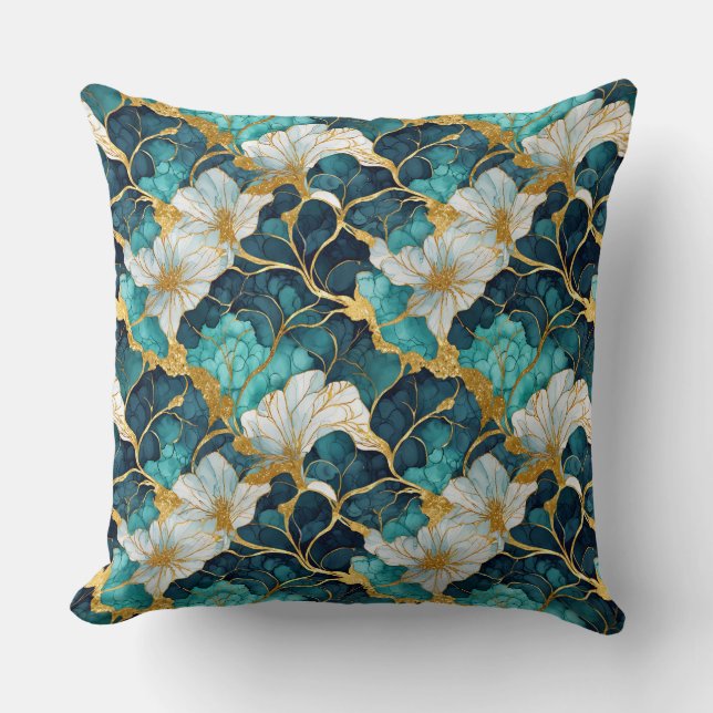 Japanese Floral Teal Gold Throw Pillow (Front)