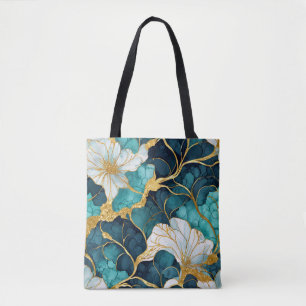 Japanese Floral Teal Gold Tote Bag