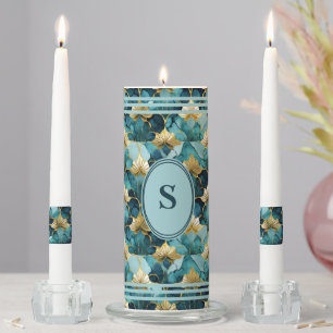 Japanese Floral Teal Gold Unity Candle Set
