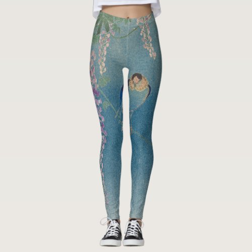 JAPANESE FLOWER AND BIRD ON BLUE Leggings