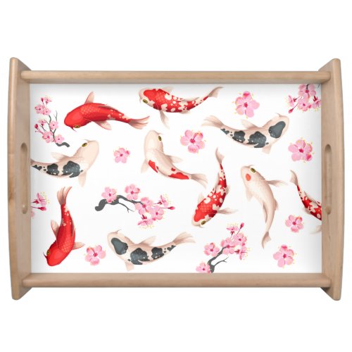 Japanese FLOWER AND KOI FISH white and red Serving Tray