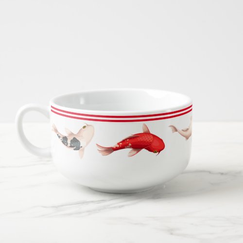 Japanese FLOWER AND KOI FISH white and red Soup Mug