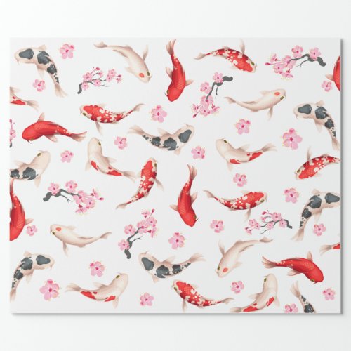 Japanese FLOWER AND KOI FISH white and red Wrapping Paper