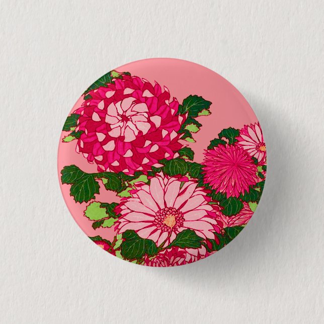 Japanese Flower Border, Fuchsia and Coral Pink Pinback Button (Front)