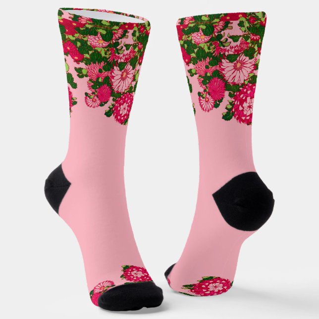 Japanese Flower Border, Fuchsia and Coral Pink  Socks (Angled)