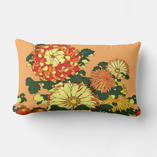 Japanese Flower Border, Mandarin Orange and Gold Lumbar Pillow (Front)