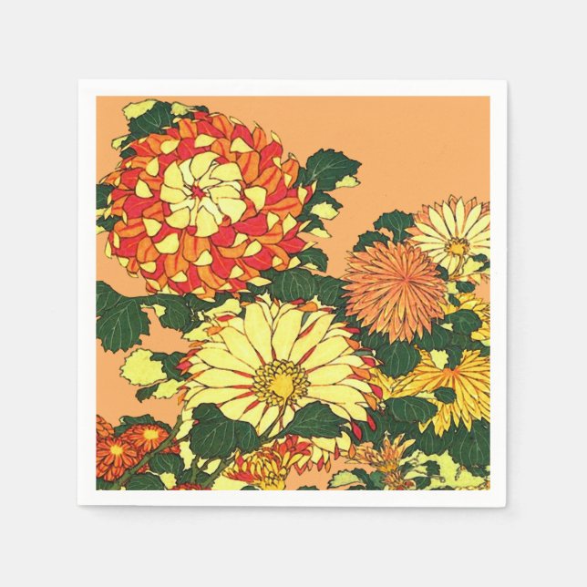 Japanese Flower Border, Mandarin Orange and Gold Paper Napkins (Front)