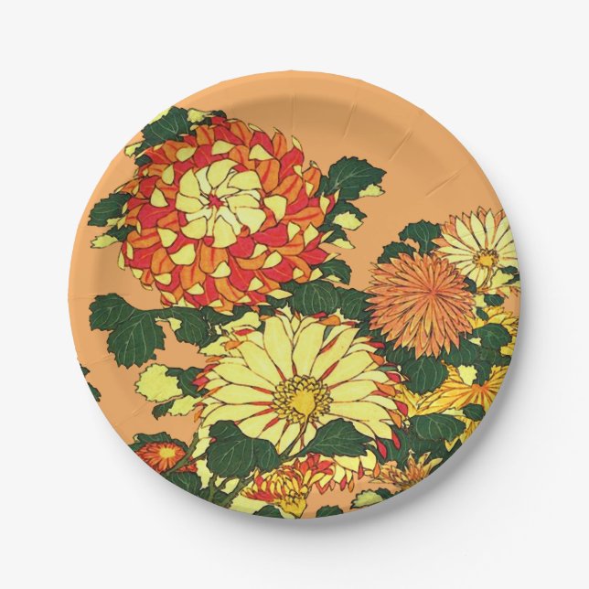 Japanese Flower Border, Mandarin Orange and Gold Paper Plates (Front)