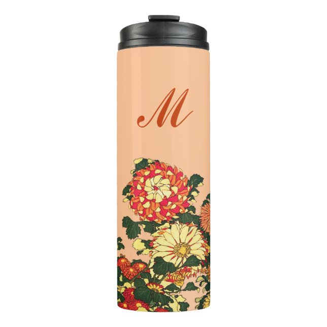 Japanese Flower Border, Mandarin Orange and Gold Thermal Tumbler (Front)