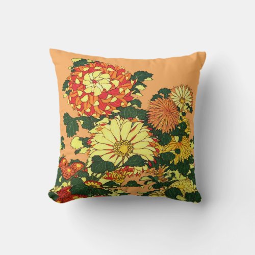 Japanese Flower Border Mandarin Orange and Gold Throw Pillow