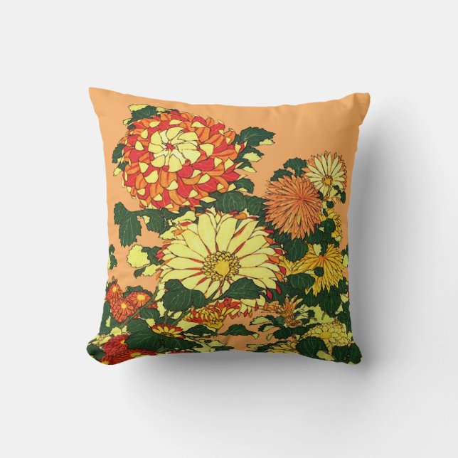 Japanese Flower Border, Mandarin Orange and Gold Throw Pillow (Front)