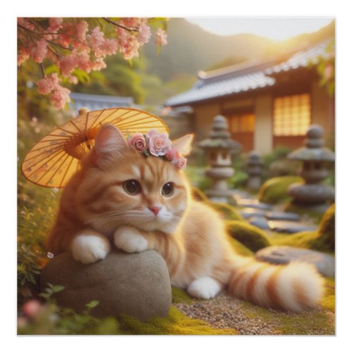 Japanese flowers and orange tabby cat poster