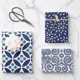 Japanese FLOWERS AND SWIRLS white and blue Wrapping Paper Sheets
