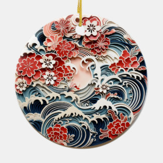 Japanese Flowers and Waves Ceramic Ornament