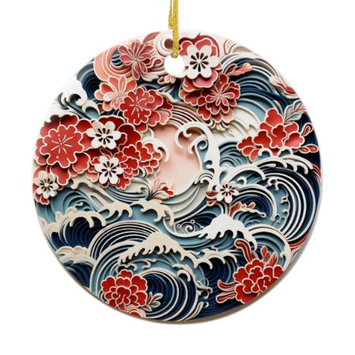 Japanese Flowers and Waves Ceramic Ornament