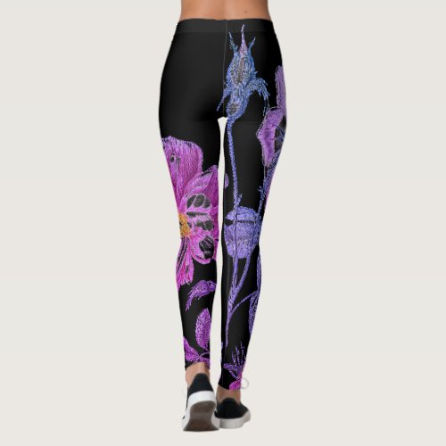 JAPANESE FLOWERS WITH BUTTERFLIES BLACK Leggings