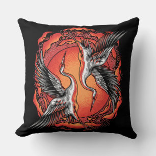 Japanese Flying Battle Cranes Asian Art Throw Pillow