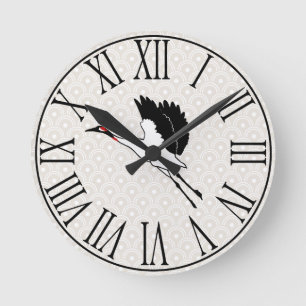 Japanese Flying Crane & Taupe Scallops Round Clock