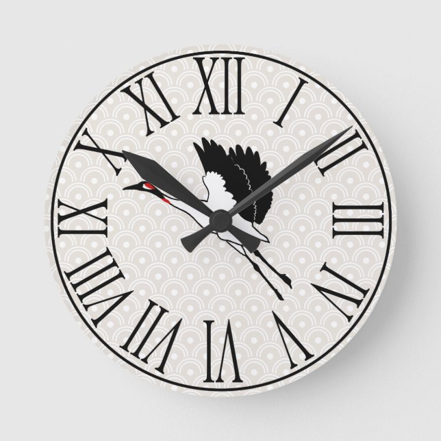 Japanese Flying Crane & Taupe Scallops Round Clock (Front)