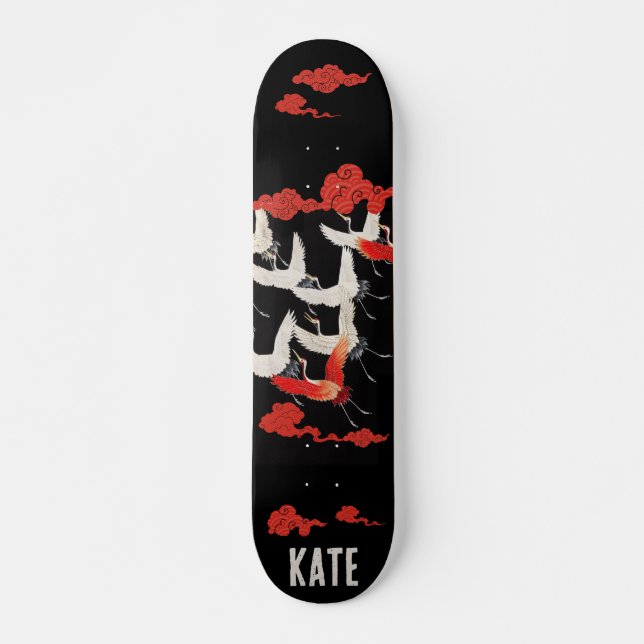 Japanese  Flying Cranes Black Skateboard (Front)