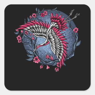 Japanese Flying Cranes Unique and Colorful Design Square Sticker