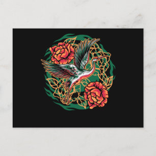 Japanese Flying Cranes with Roses Design Postcard